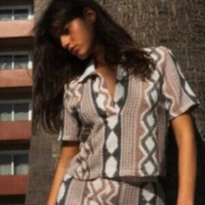 Zara Crochet Tribal Polo Pattern Beige Geometric Cream Crop Top *Flaw